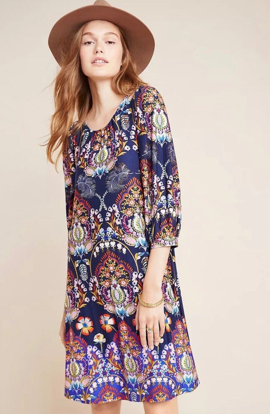Maeve Anthropologie Sawyer Tunic Dress Floral Dopamine Blue Boho Mini Small